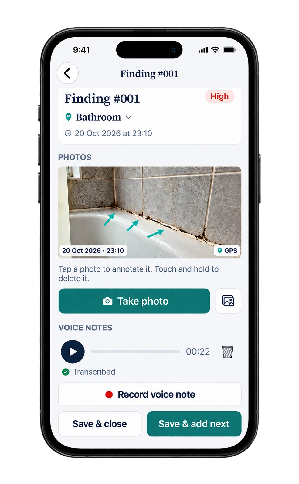 Auditeo finding screen: annotated bathroom photo, high priority, transcribed voice note
