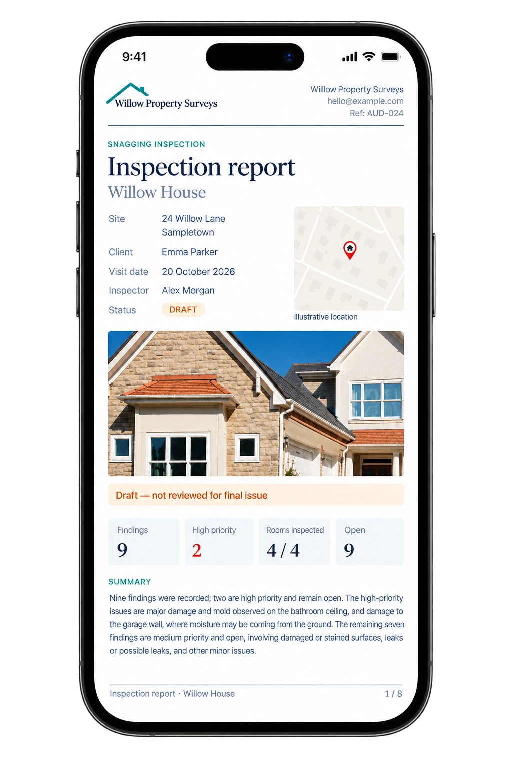 Auditeo inspection report cover for Willow House with site map and key figures